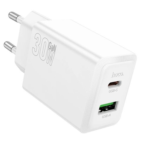 Мережевий зарядний пристрій Hoco N71, 30 Вт, Quick Charge, Power Delivery (PD), білий, 2 порта, gan, #6942007651387 Прев'ю 1