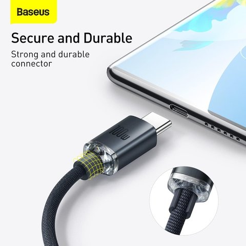 USB Cable Baseus Crystal Shine Series, (USB type-A, USB type C, 120 cm, 100 W, black, nylon braided) #CAJY000401 Preview 1