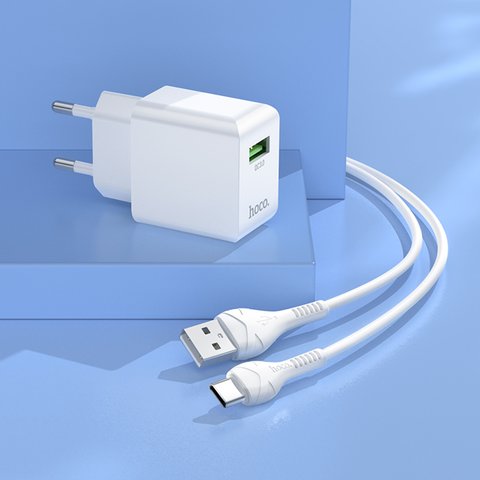 Мережевий зарядний пристрій Hoco C98A, 18 Вт, Quick Charge, білий, з USB кабелем тип-C, 1 порт, #6931474766878 Прев'ю 3