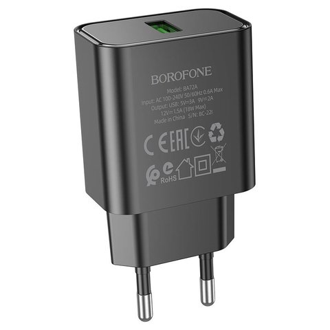 Сетевое зарядное устройство Borofone BA72A, 18 Вт, Quick Charge, черный, 1 порт, #6974443388541 Превью 1