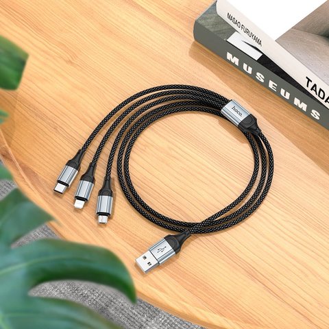 USB кабель Hoco X102, USB тип-C, USB тип-A, micro-USB тип-B, Lightning, 100 см, 2,4 А, чорний, в нейлоновому обплетенні, 3 в 1, #5942007608794 Прев'ю 2