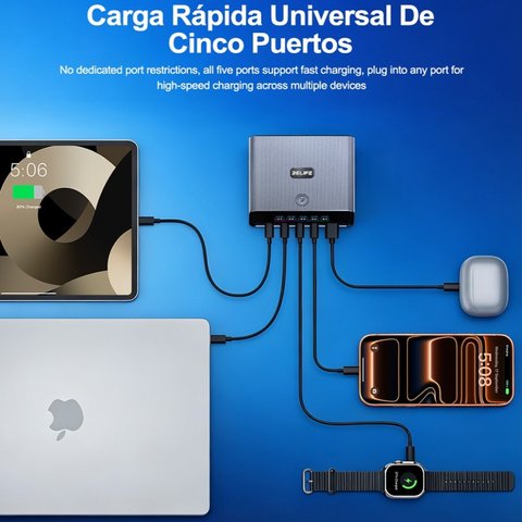 Мережевий зарядний пристрій RELIFE Q8, 165 Вт, Quick Charge, Power Delivery (PD), сірий, 5 портів Прев'ю 3